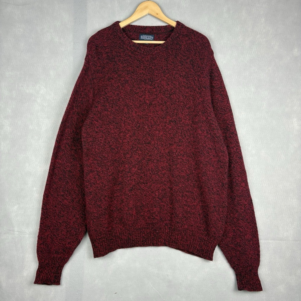 Vintage Lands End Wool Sweater Men’s XLT Red Black Chunky Knit Crewneck Ribbed